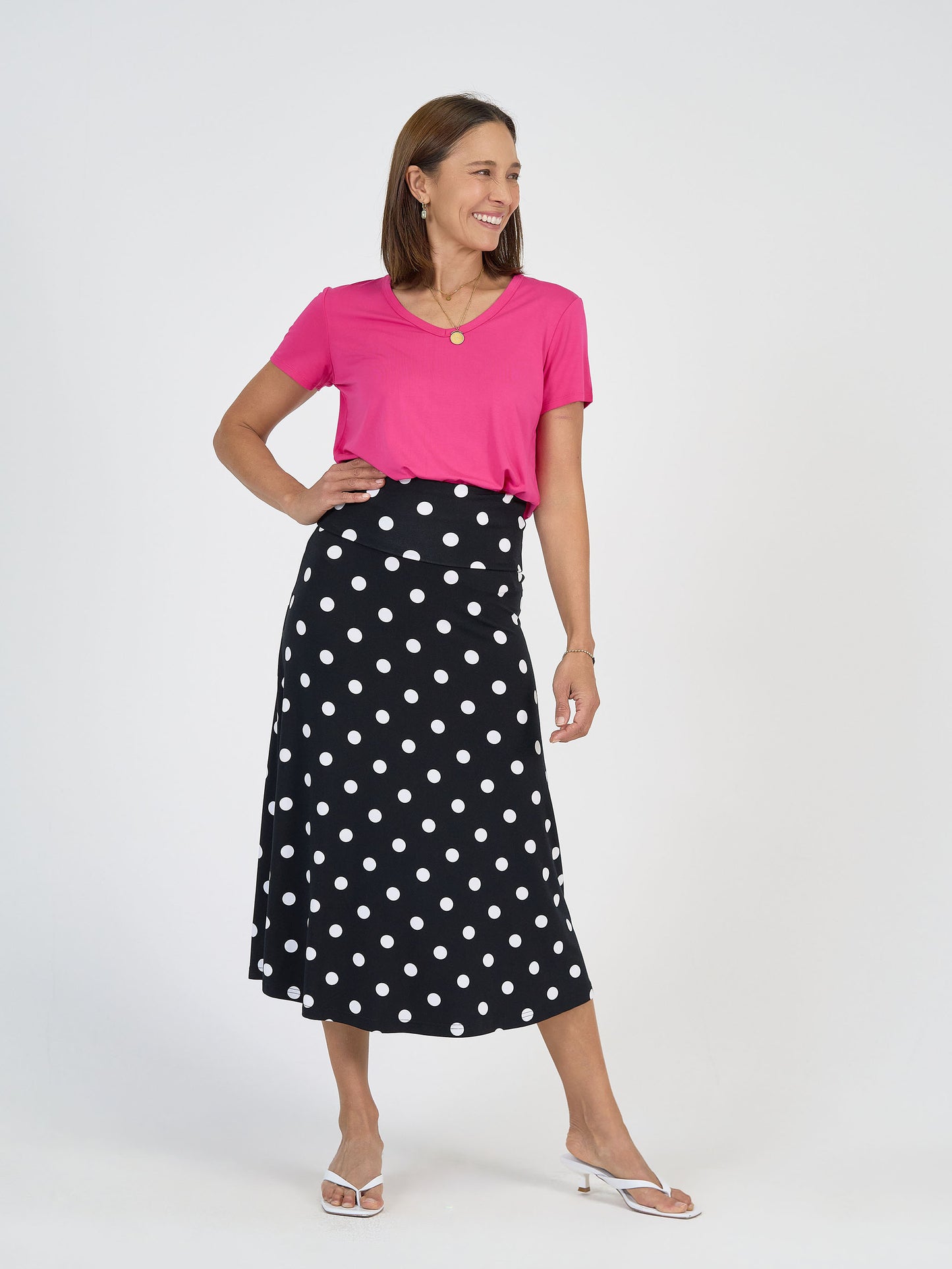 Lou Lou Australia Bamboo Black and white polka dot maxi skirt with pink v neck t shirt