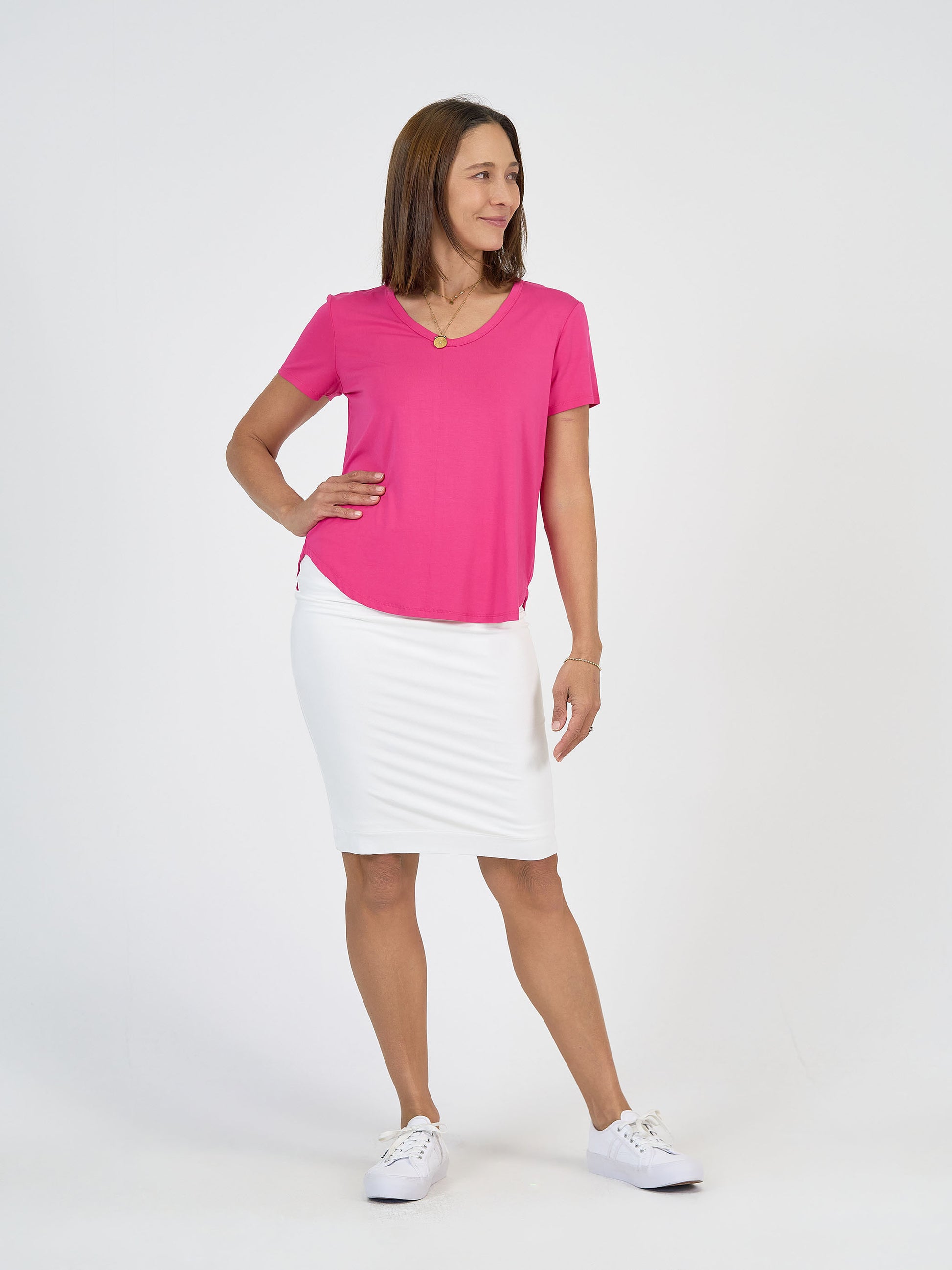 Lou Lou Australia Bamboo midi length white tube skirt with a pink v neck t shirt