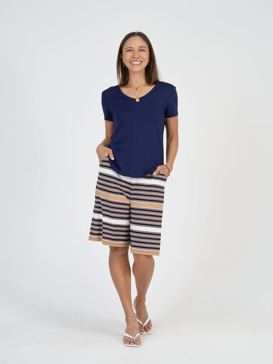 Lou Lou Australia Simone Wide Leg Bamboo Shorts in a striped, knee-length style and navy blue colour.