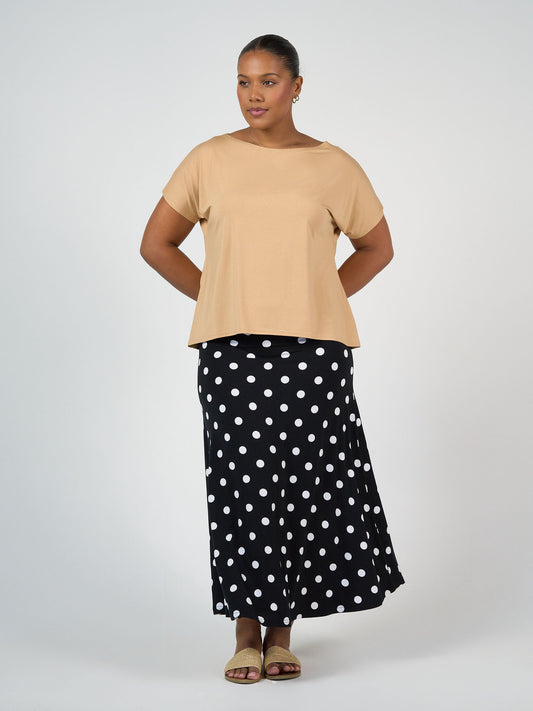 Lou Lou Australia Jackson Bamboo A-Line Maxi Skirt in black polka dot.