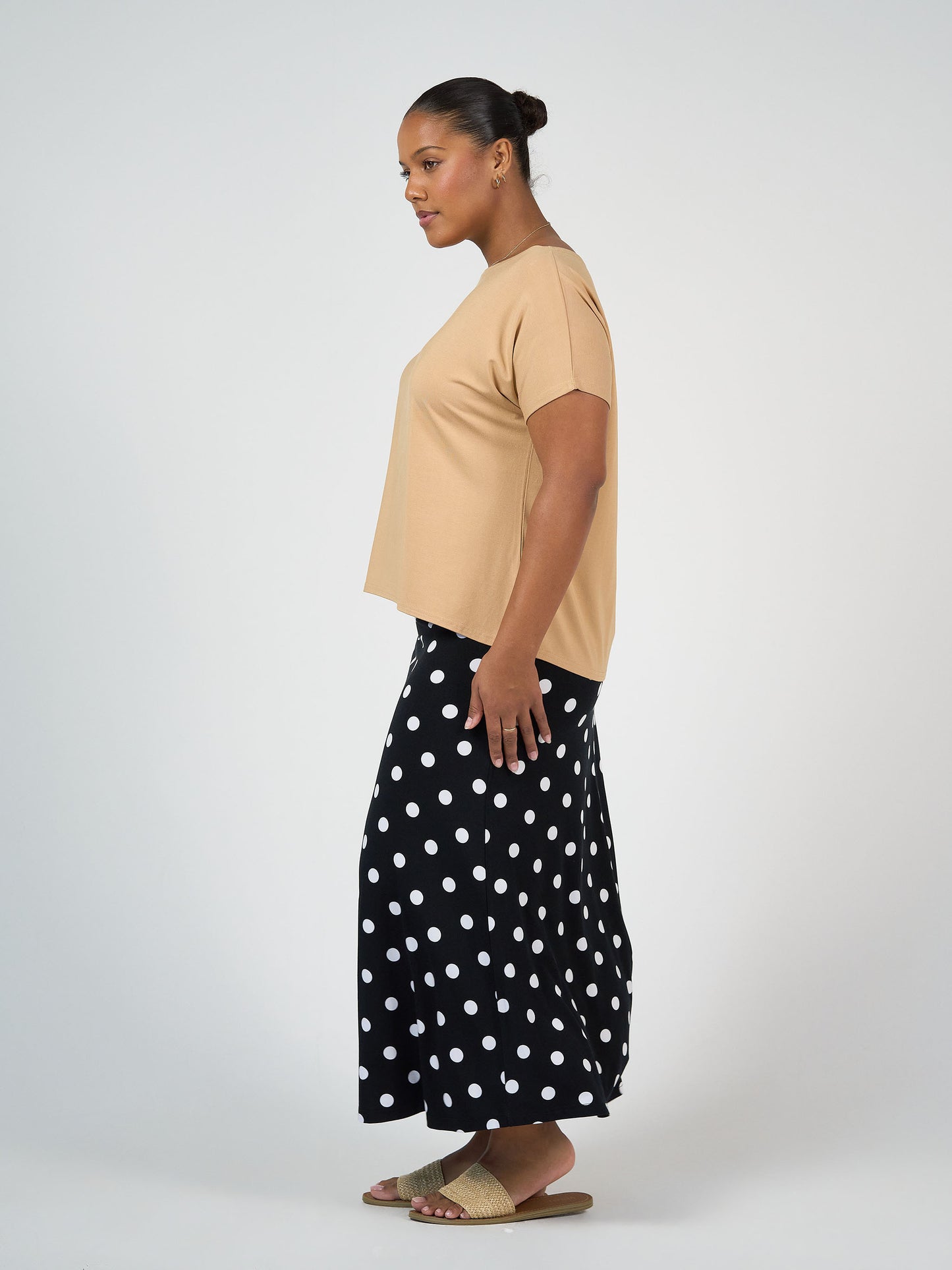Lou Lou Australia Bamboo Black and white polka dot maxi skirt with beige tan t shirt