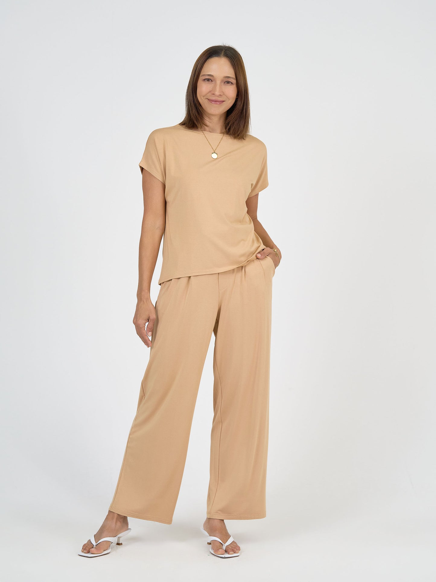 Lou Lou Australia Bamboo set  tan-beige t-shirt and wide-leg pants 
