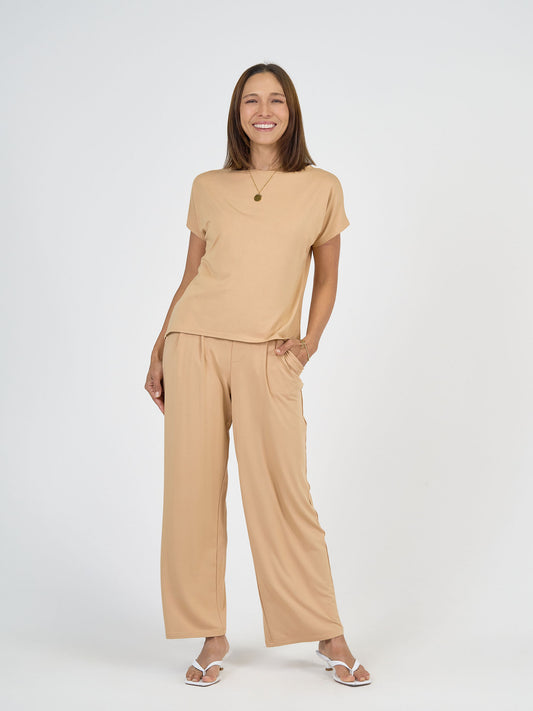 Lou Lou Australia Bamboo Tan T-shirt  and wide leg dress pants 