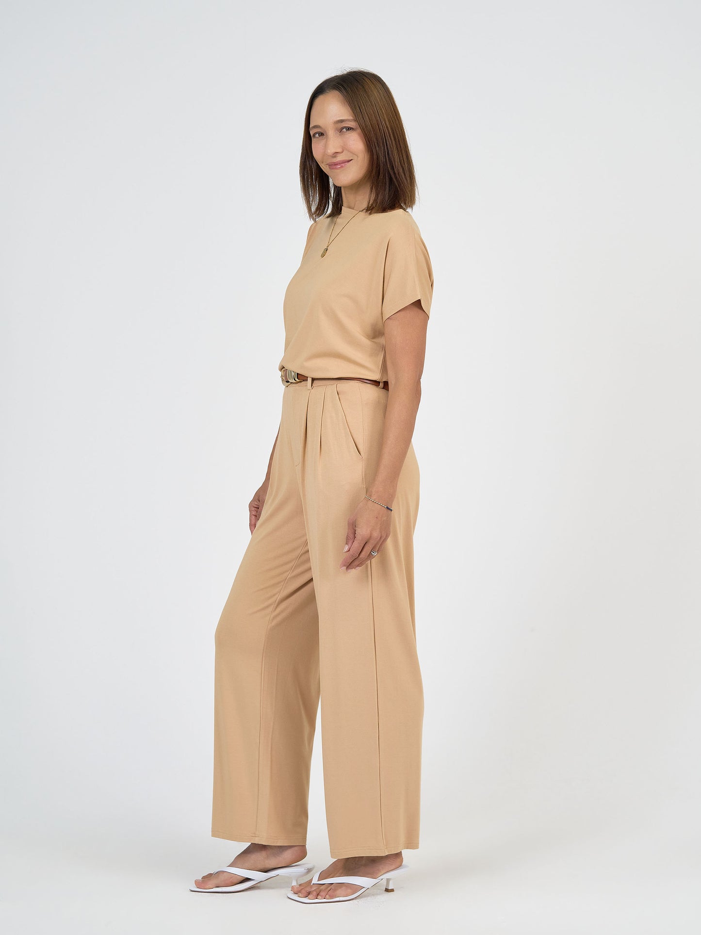 Lou Lou Australia Bamboo set  tan-beige t-shirt and wide-leg pants 
