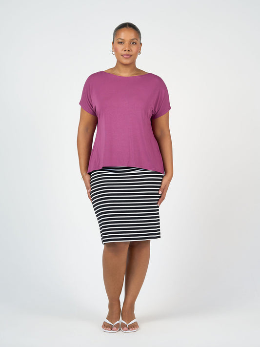 Lou Lou Australia Bamboo purple t shirt and Black and White Stripe Knee Length Tube Skirt
