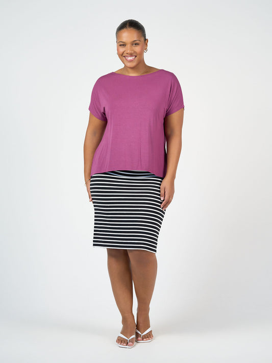 Lou Lou Australia Midi Bamboo Whitney Tube Skirt in Black & White Stripe, slimming fit, knee length.