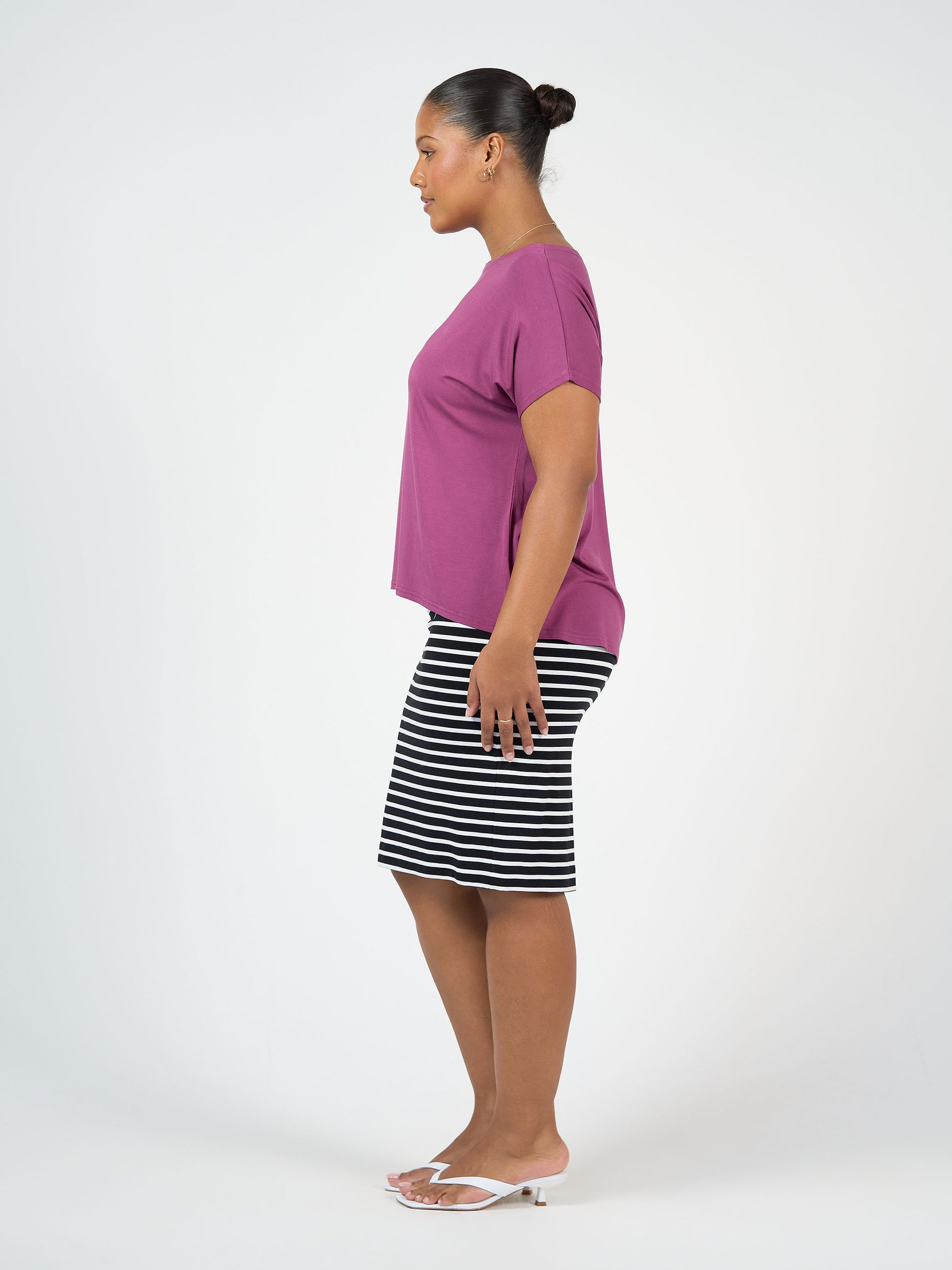 Lou Lou Australia Bamboo purple t shirt and Black and White Stripe Knee Length Tube Skirt