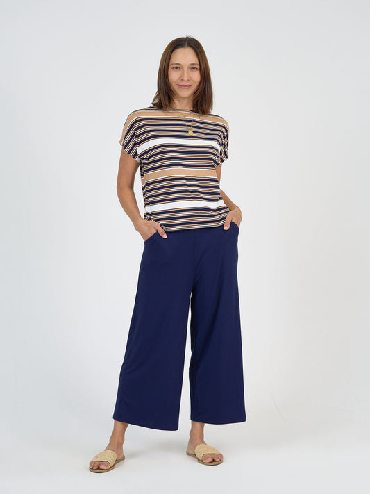 Lou Lou Australia Tan and Navy stripe t shirt and navy 7/8 wide leg culotte pant