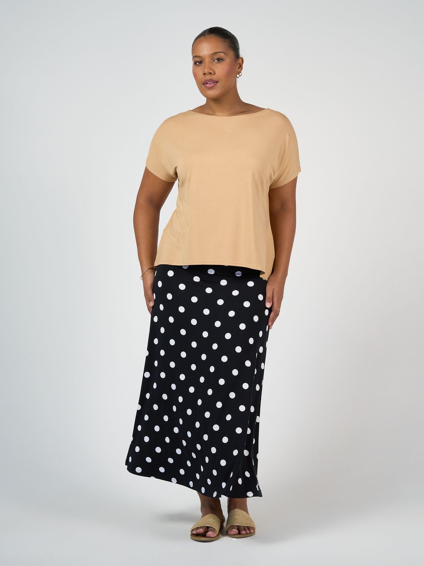 Lou Lou Australia Bamboo Tan T-shirt with black and white Polka Dot Maxi Skirt