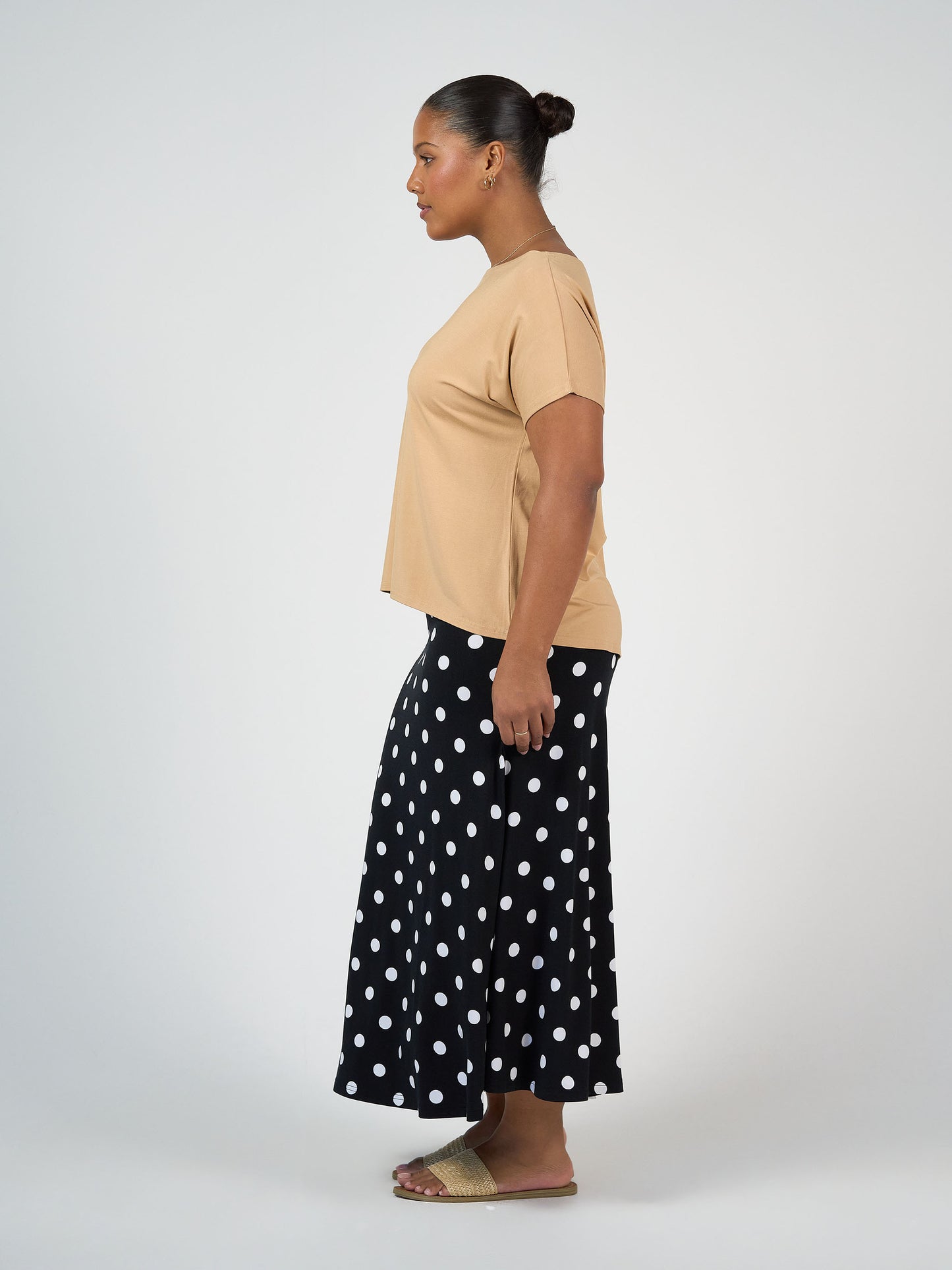 Lou Lou Australia Bamboo Tan T-shirt with black and white Polka Dot Maxi Skirt