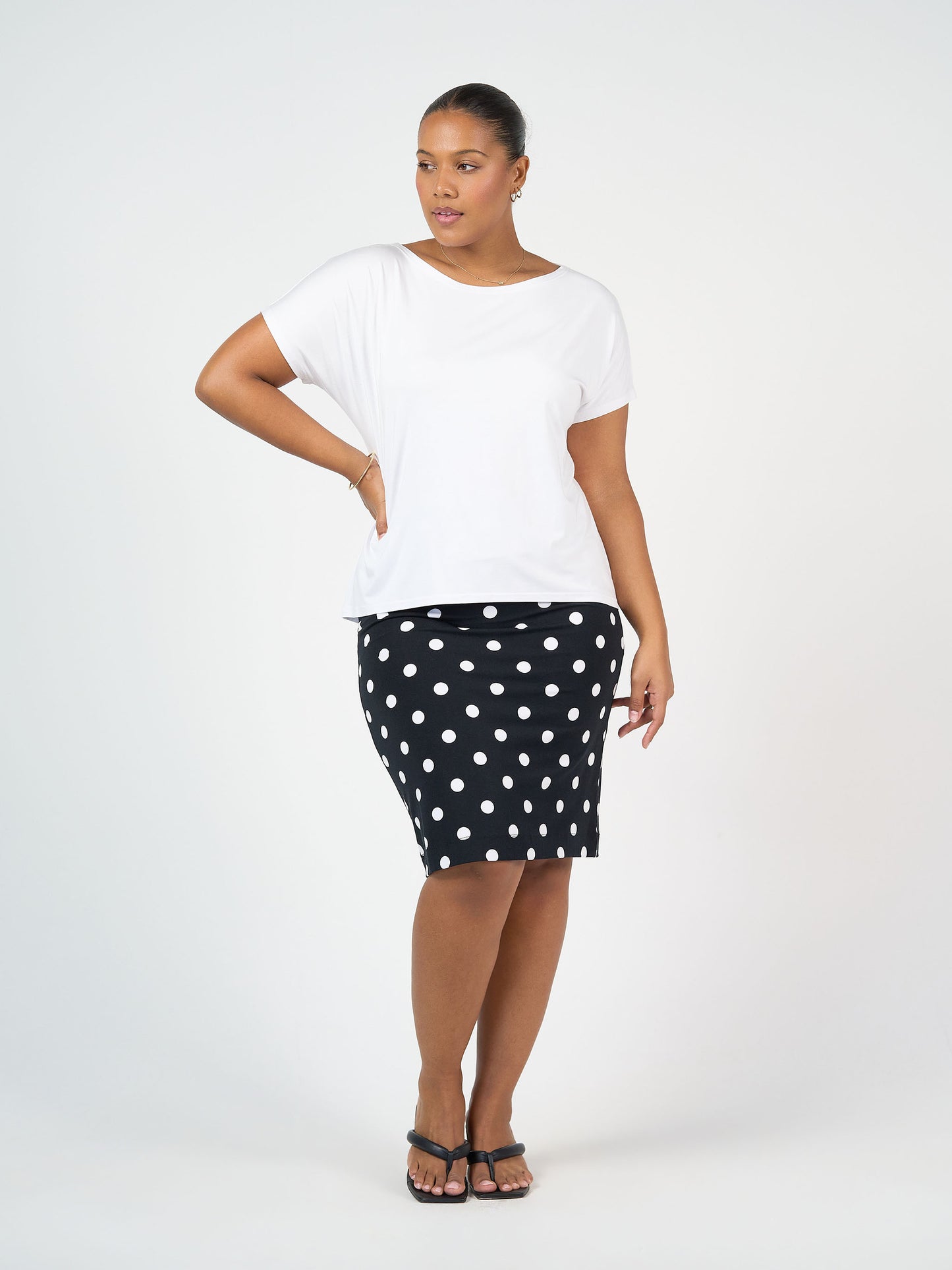 Lou Lou Australia White Bamboo T Shirt and Black and White polka dot  Mdi length  tube skirt