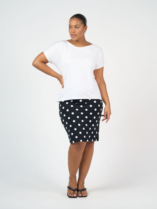 Lou Lou Australia White Bamboo T Shirt and Black and White polka dot  Mdi length  tube skirt