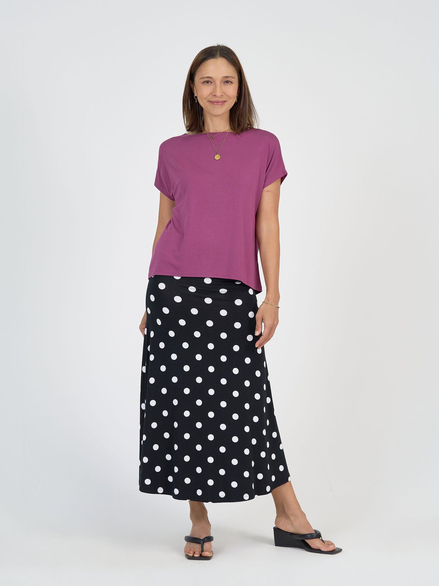 Lou Lou Australia Bamboo purple t shirt and Black and White Polka Dot Maxi Skirt