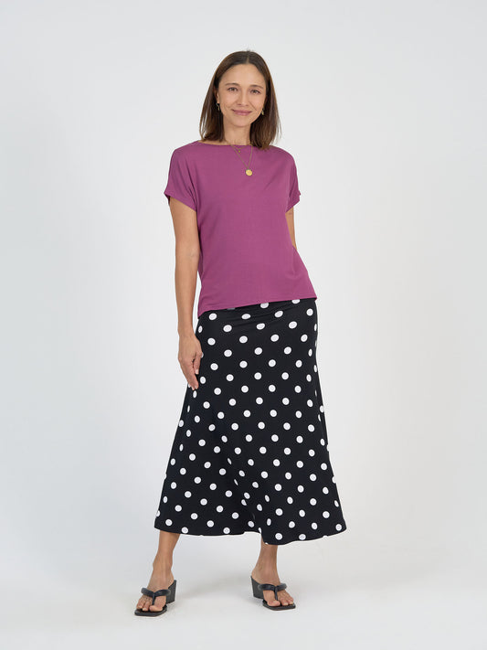 Lou Lou Australia Jackson Bamboo A-Line Maxi Skirt in polka dot print.