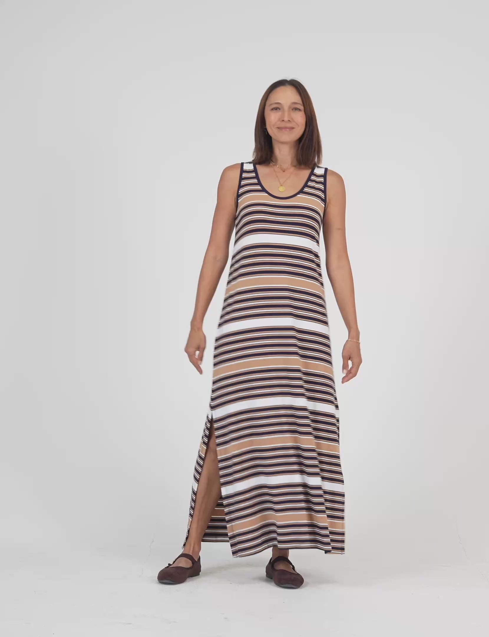 Lou Lou Australia Tan Navy White Stripe Maxi Dress 