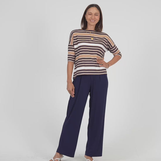 Lou Lou Australia Bamboo Tan Stripe Top and Navy Wide leg pant