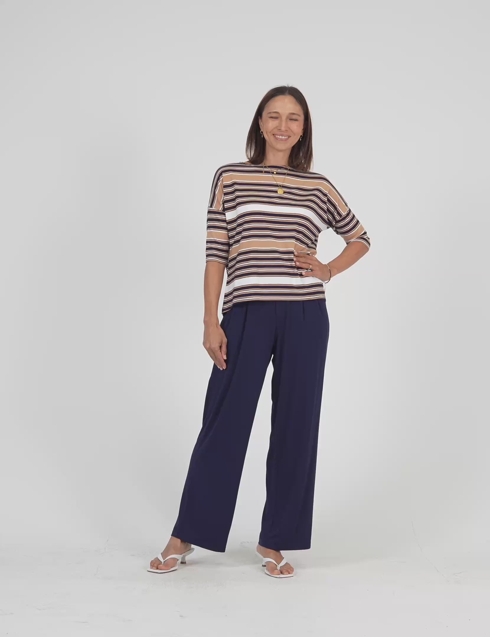 Lou Lou Australia Bamboo Tan Stripe Top and Navy Wide leg pant