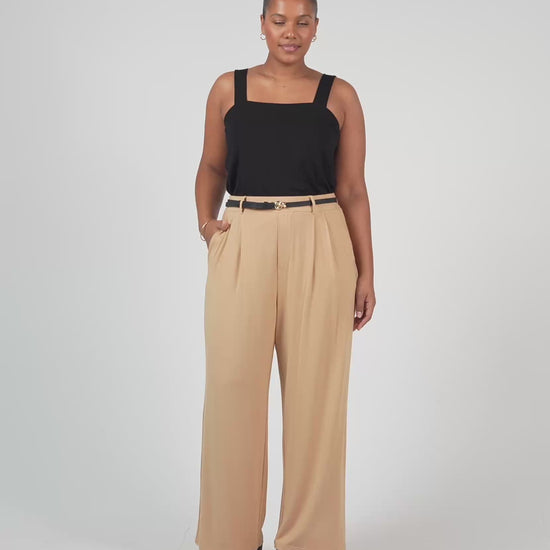 Lou Lou Australia Bamboo Black tank top and tan-beige wide-leg pants 