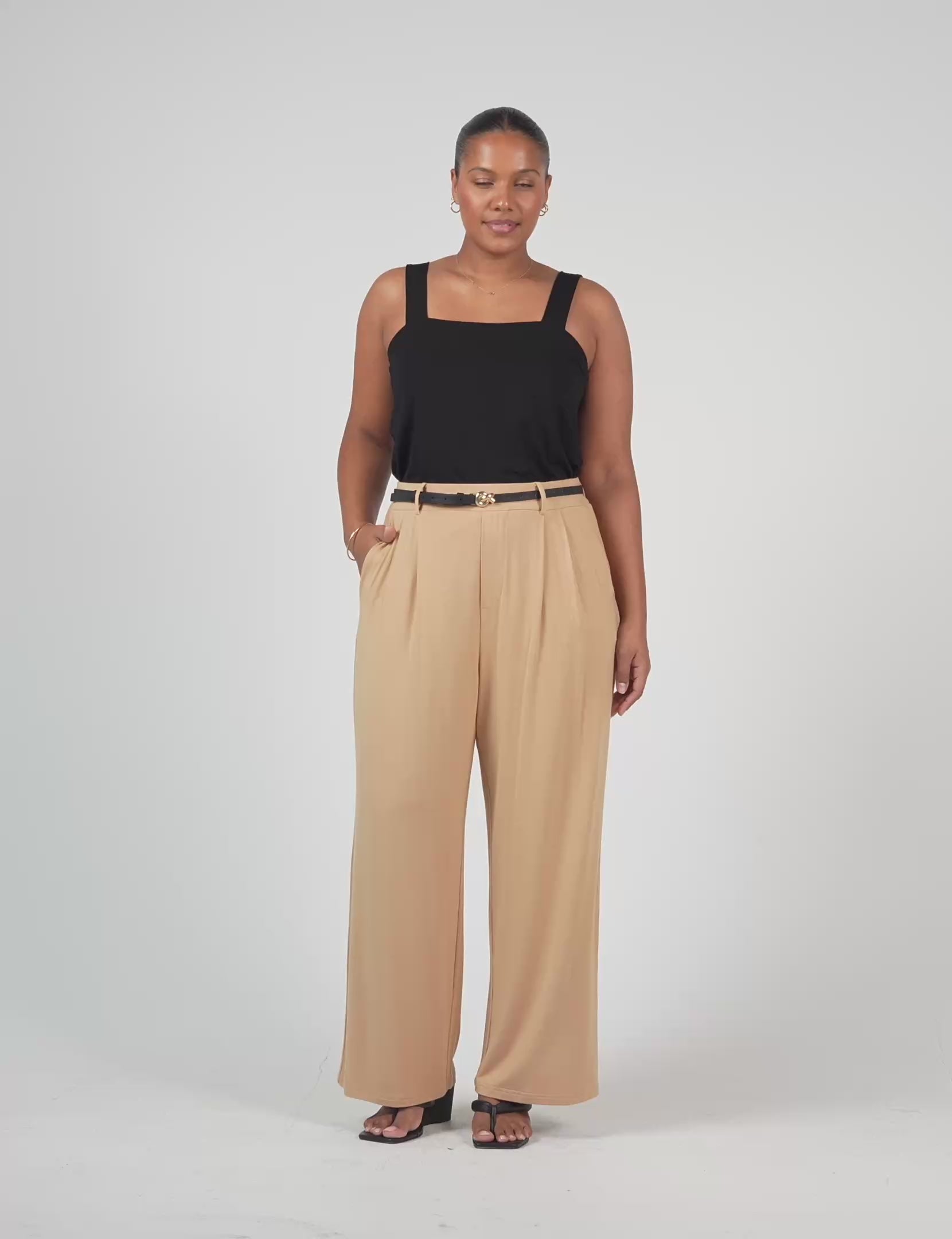 Lou Lou Australia Bamboo Black tank top and tan-beige wide-leg pants 