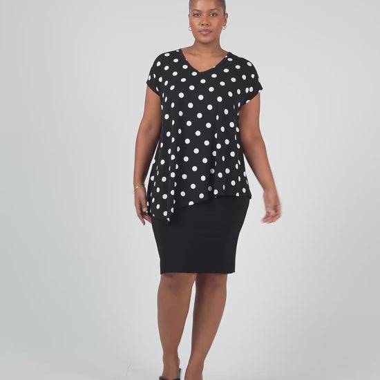 Lou Lou Australia bamboo asymmetrical Black top with white Polka Dots and black Midi Tube skirt