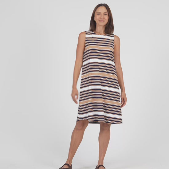 Lou Lou Australia Bamboo Knee length shift dress tan navy white stripe 