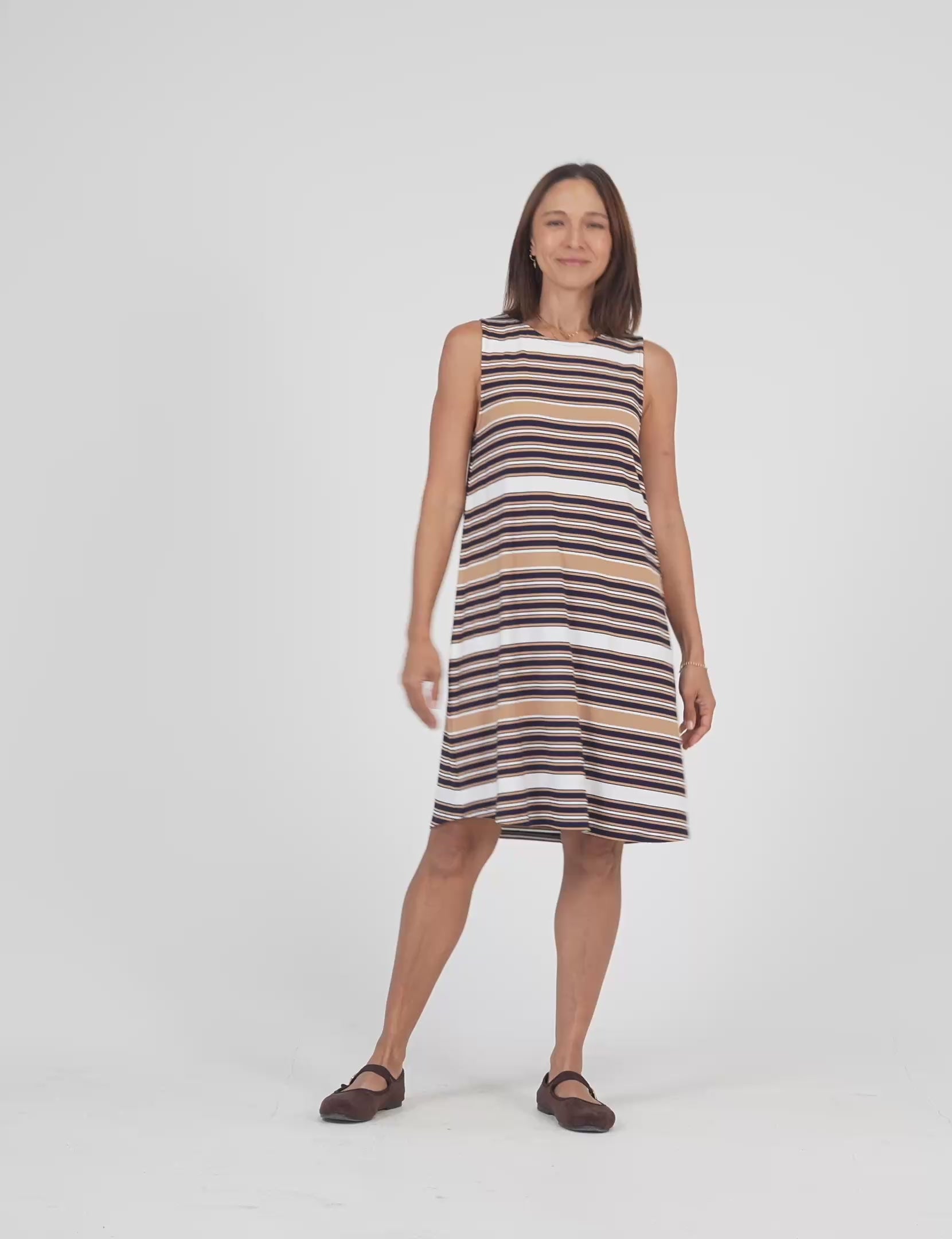 Lou Lou Australia Bamboo Knee length shift dress tan navy white stripe 