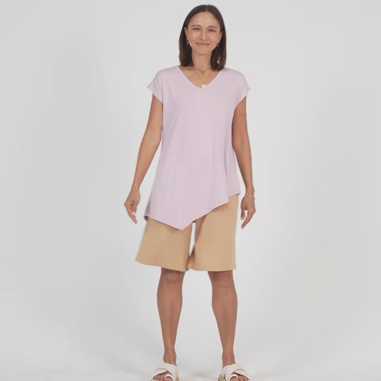 Lou Lou Australia Bamboo Lilac asymmetrical t shirt and tan wide leg knee length shorts