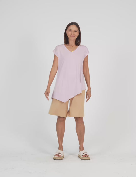 Lou Lou Australia Bamboo Lilac asymmetrical t shirt and tan wide leg knee length shorts