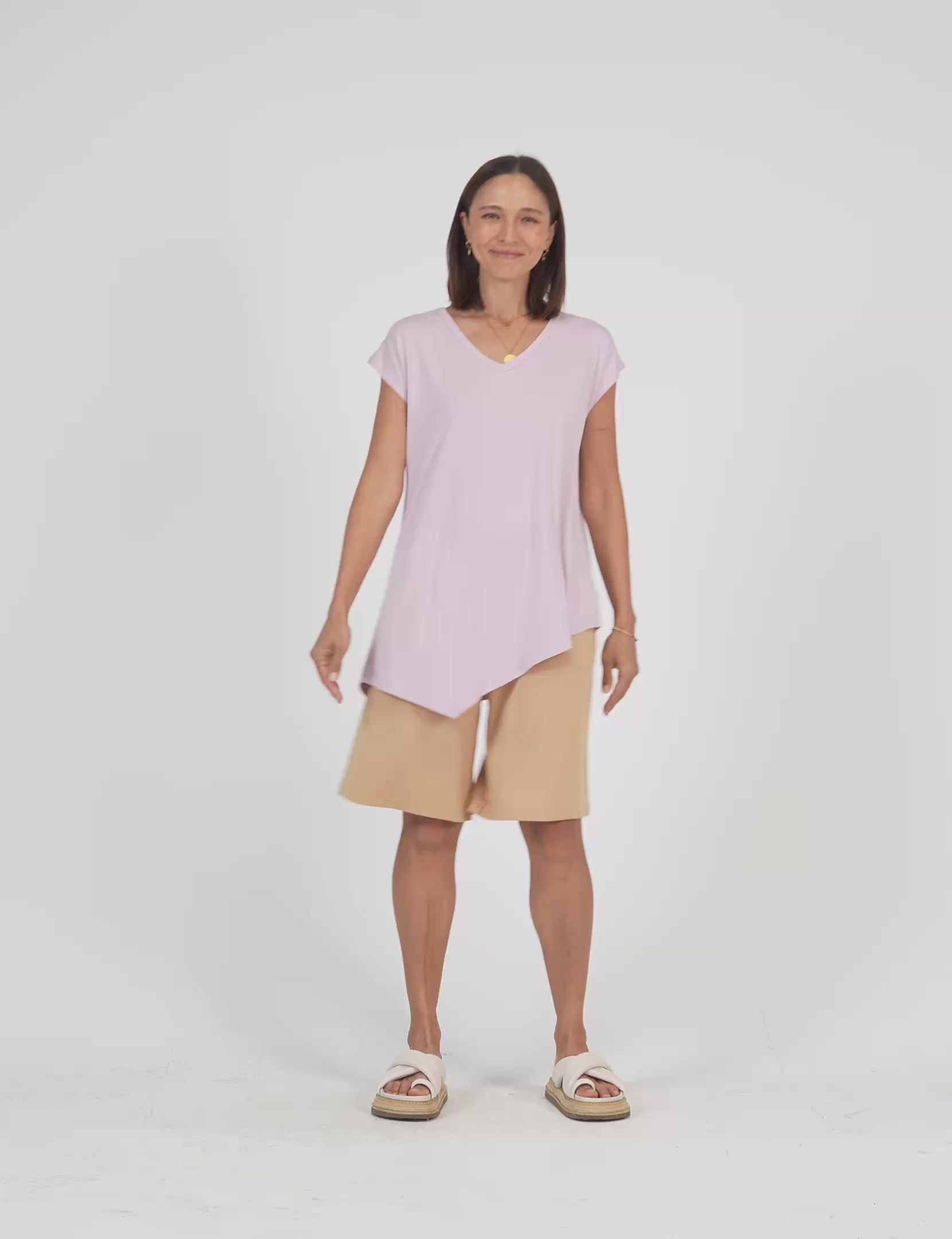 Lou Lou Australia Bamboo Lilac asymmetrical t shirt and tan wide leg knee length shorts