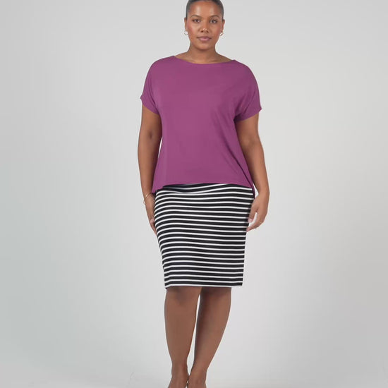 Lou Lou Australia Bamboo purple t shirt and Black and White Stripe Knee Length Tube Skirt