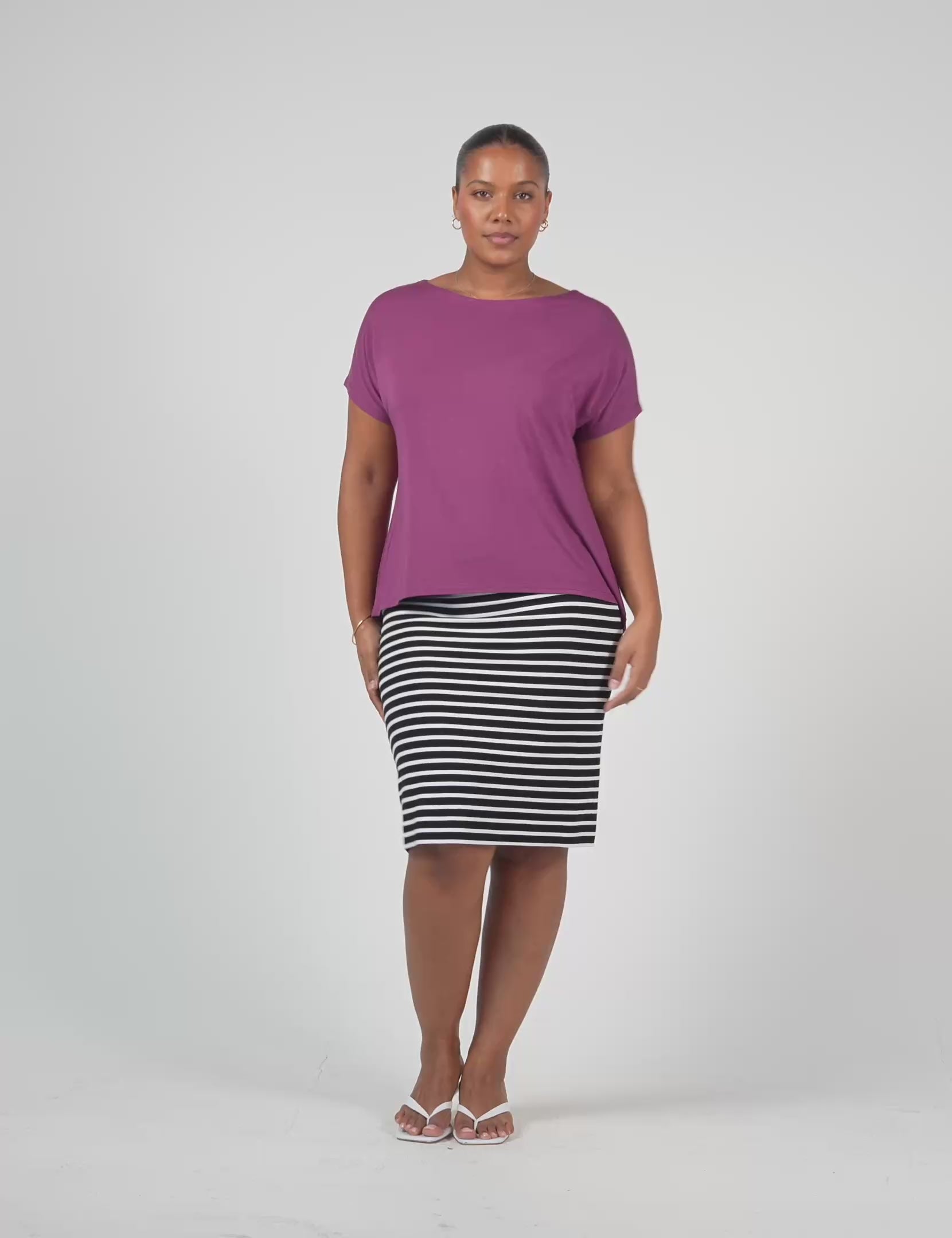 Lou Lou Australia Bamboo purple t shirt and Black and White Stripe Knee Length Tube Skirt