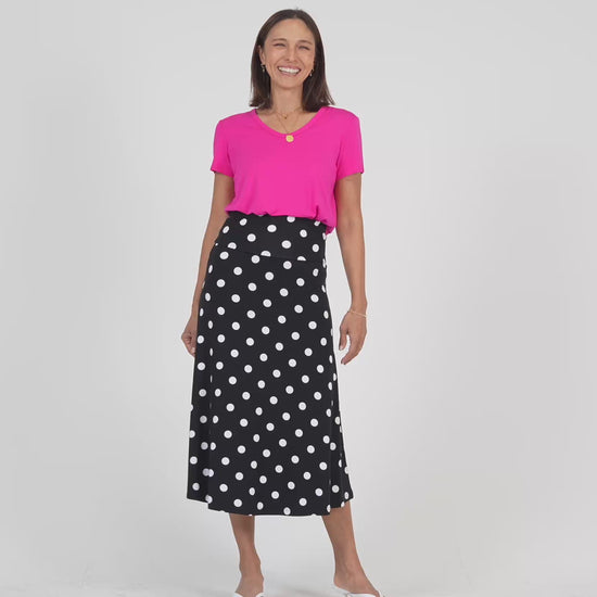 Lou Lou Australia Bamboo Black and white polka dot maxi skirt with pink v neck t shirt