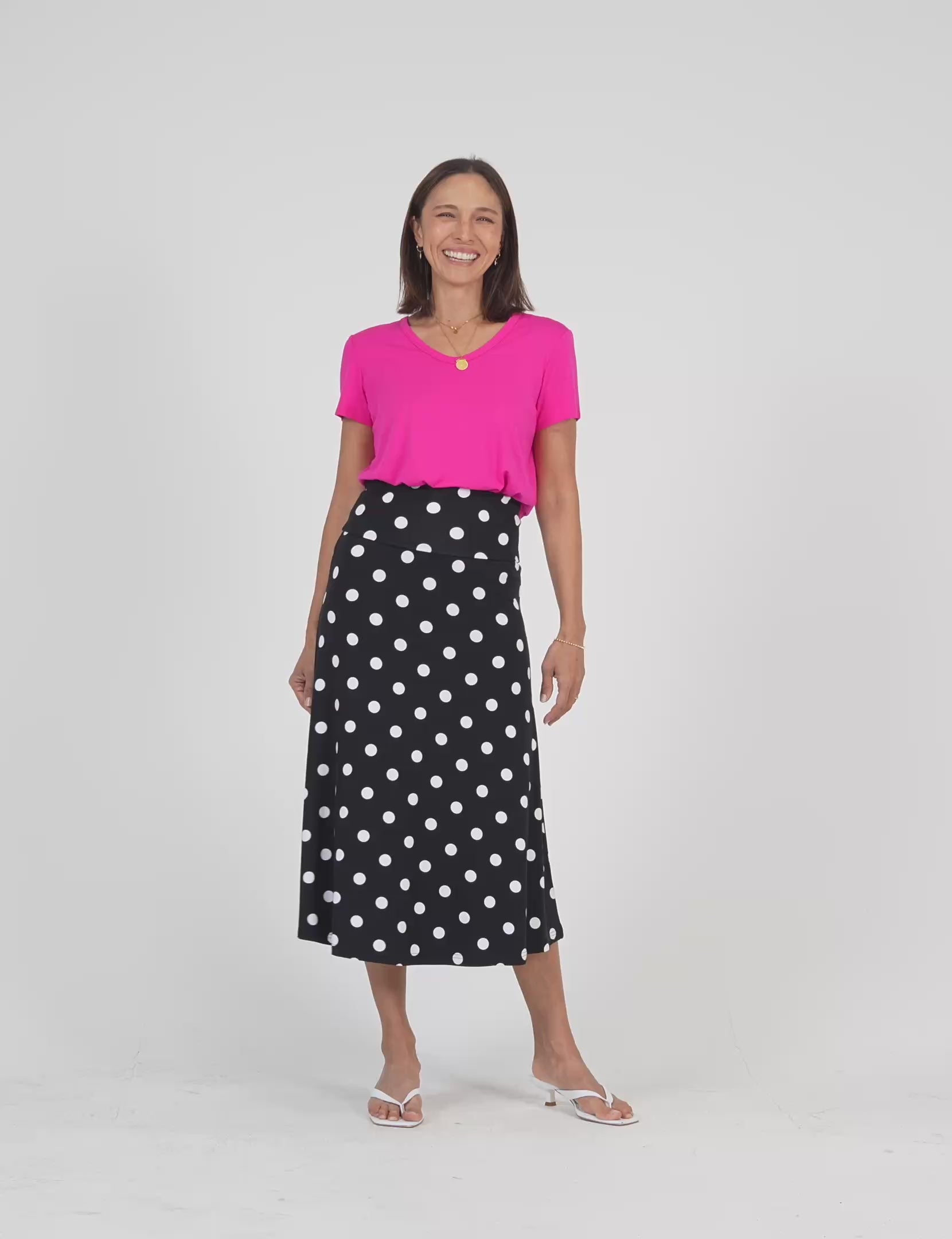 Lou Lou Australia Bamboo Black and white polka dot maxi skirt with pink v neck t shirt