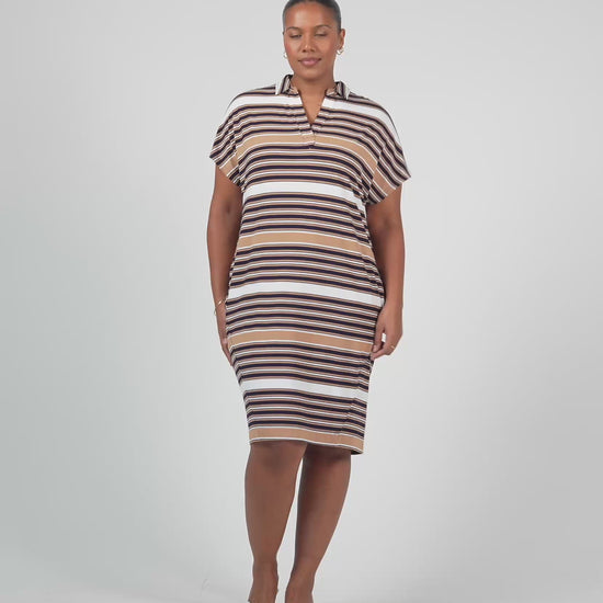 Lou Lou Australia Bamboo Navy White Tan Stripe knee length Collared T- Shirt Dress 