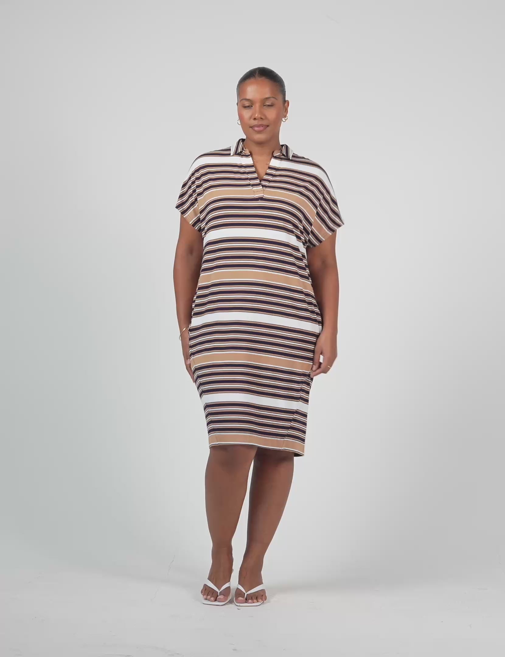 Lou Lou Australia Bamboo Navy White Tan Stripe knee length Collared T- Shirt Dress 
