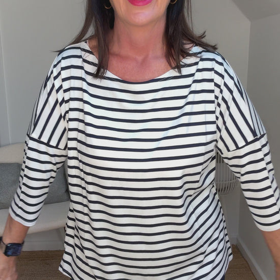 @salt.water.nomad wearing Lou Lou Australia navy tube skirt with striped 3/4 sleeve top