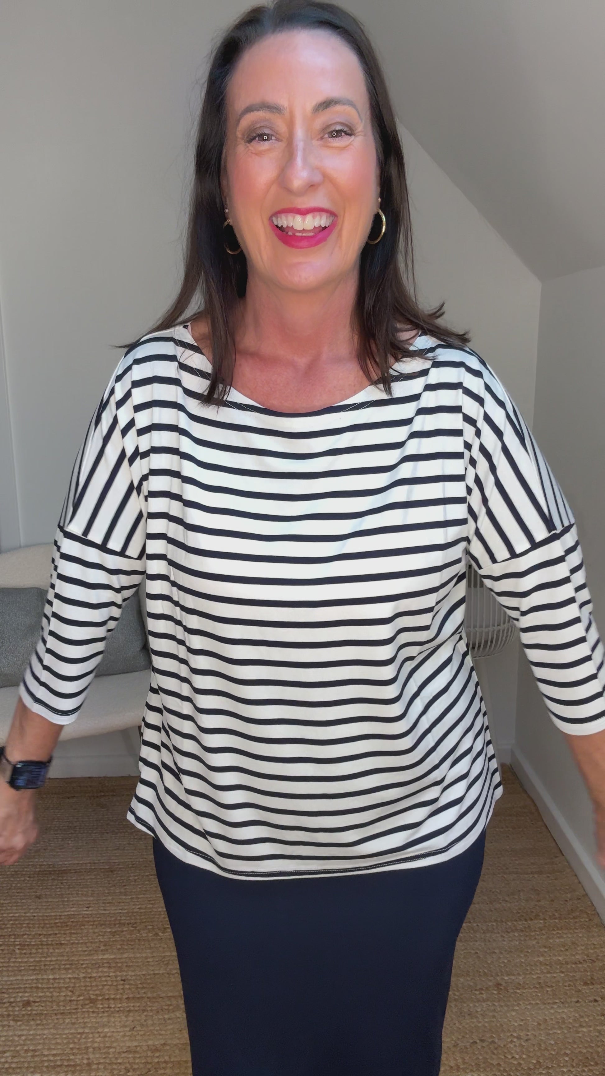 @salt.water.nomad wearing Lou Lou Australia navy tube skirt with striped 3/4 sleeve top