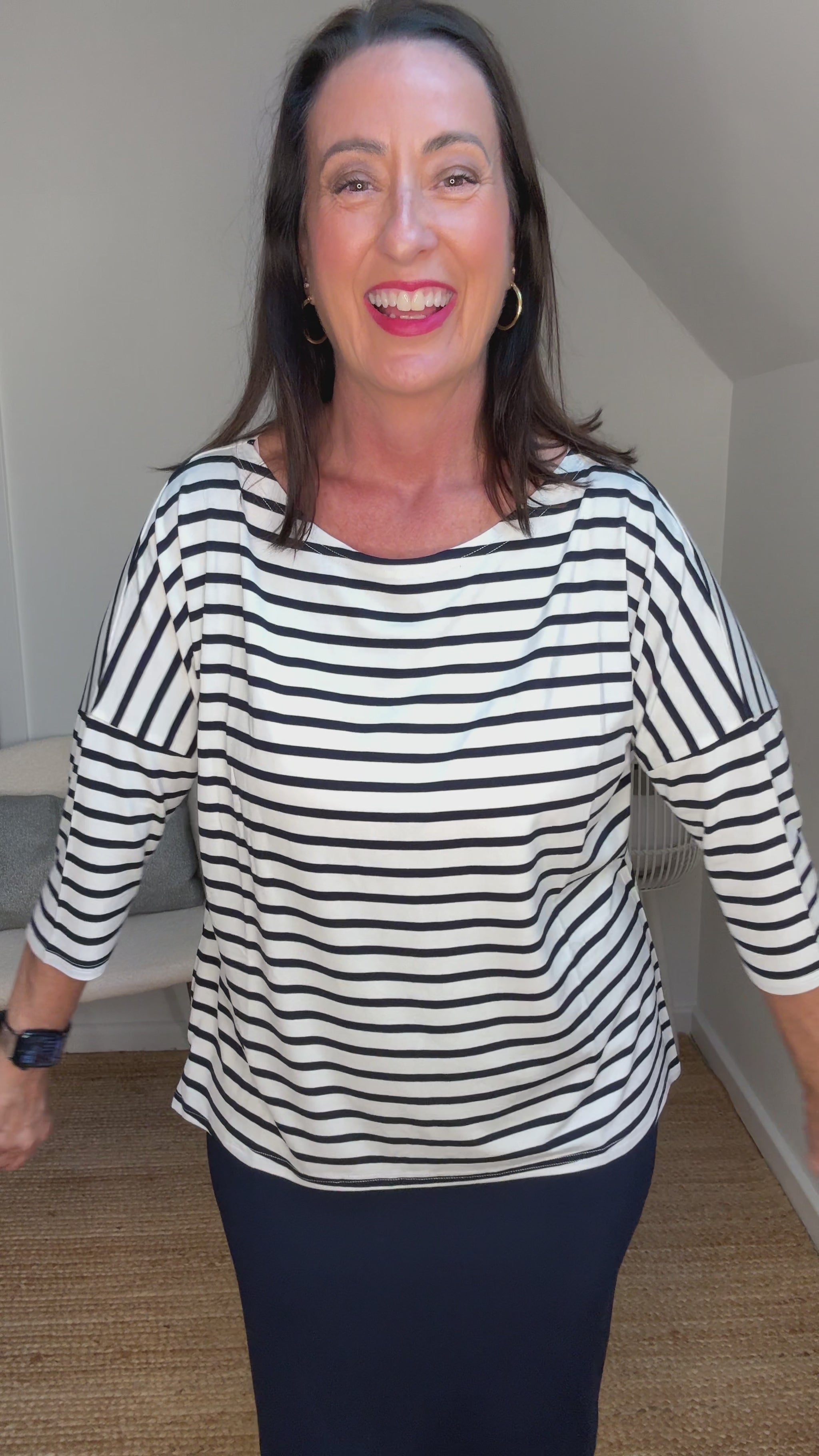 @salt.water.nomad wearing Lou Lou Australia navy tube skirt with striped 3/4 sleeve top