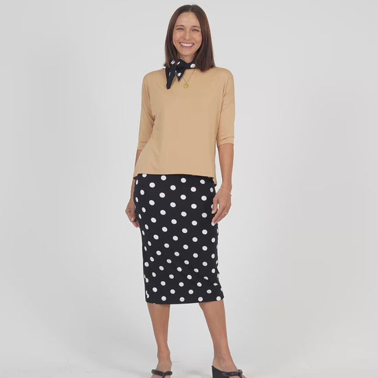 Lou Lou Australia Bamboo Tan 3/4 Sleeve Top and Black and White Polka Dot Tube Skirt