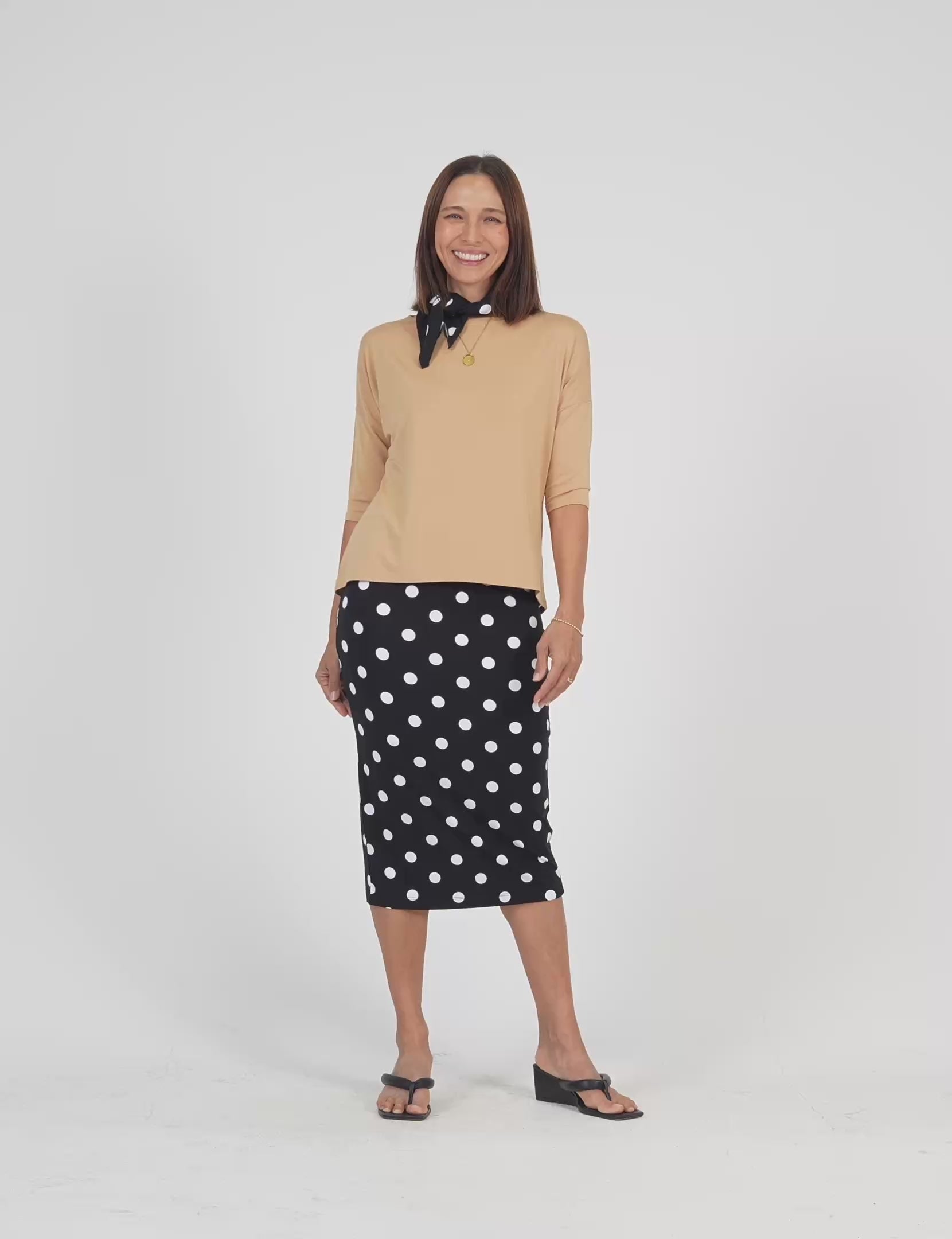 Lou Lou Australia Bamboo Tan 3/4 Sleeve Top and Black and White Polka Dot Tube Skirt