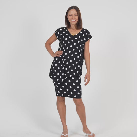Lou Lou Australia bamboo asymmetrical Black top with white Polka Dots and matching Midi Tube skirt