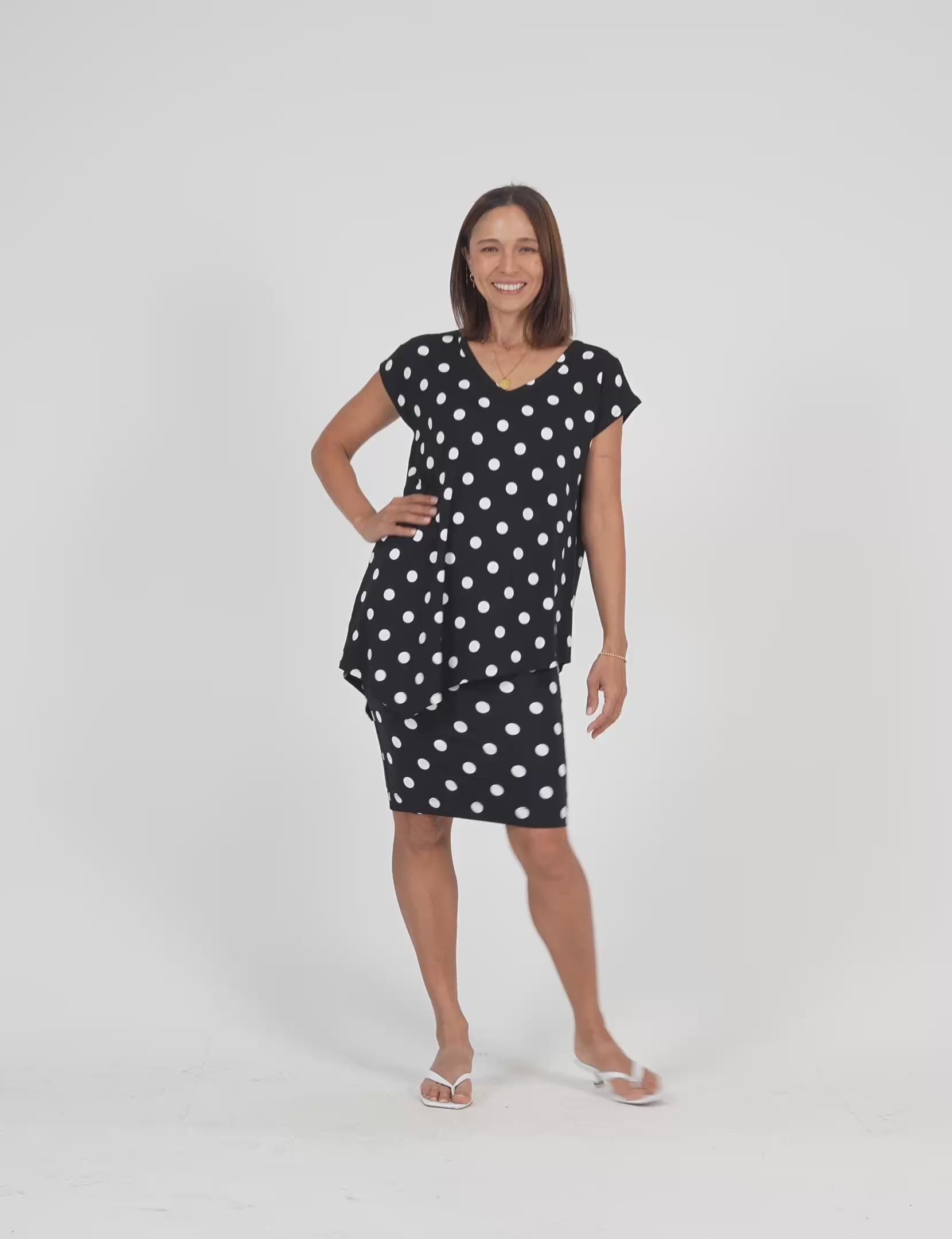 Lou Lou Australia bamboo asymmetrical Black top with white Polka Dots and matching Midi Tube skirt