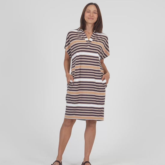 Lou Lou Australia Bamboo Navy White Tan Stripe knee length Collared T- Shirt Dress 