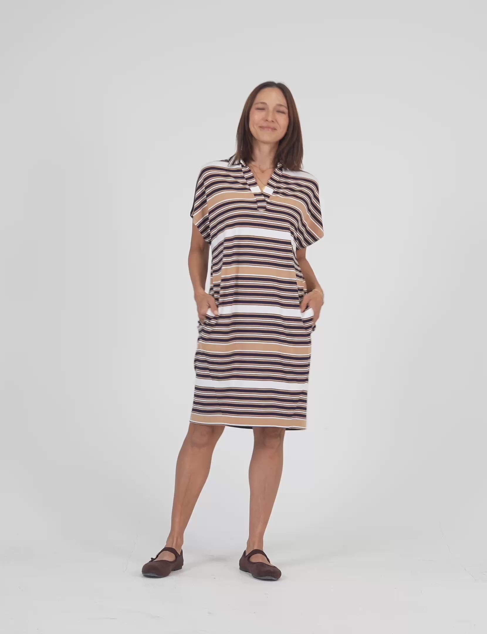 Lou Lou Australia Bamboo Navy White Tan Stripe knee length Collared T- Shirt Dress 