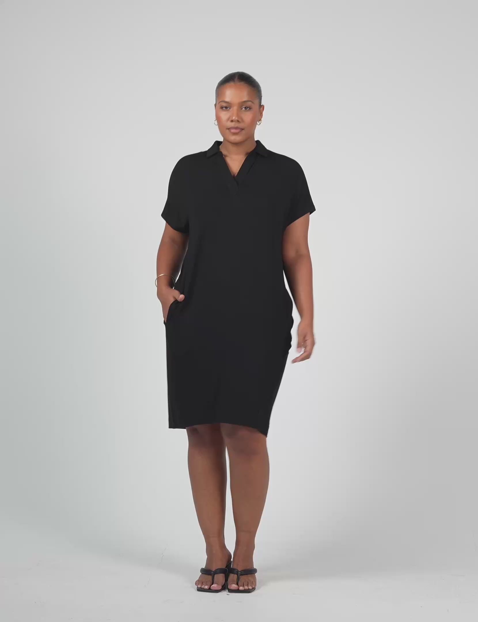 Lou Lou Australia Bamboo Black Collared Knee Length T-Shirt Dress