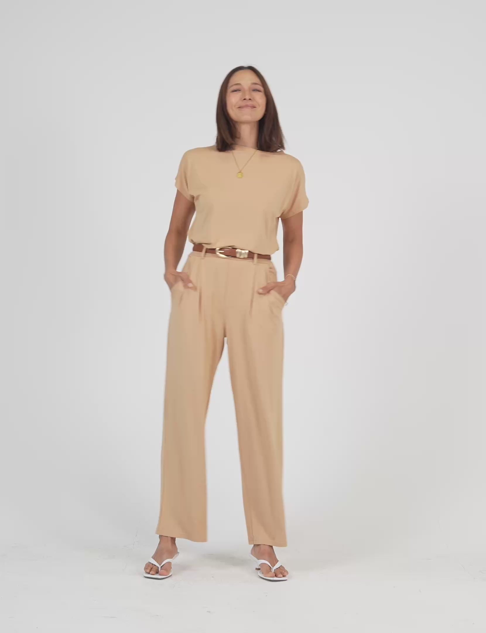 Lou Lou Australia Bamboo set  tan-beige t-shirt and wide-leg pants 