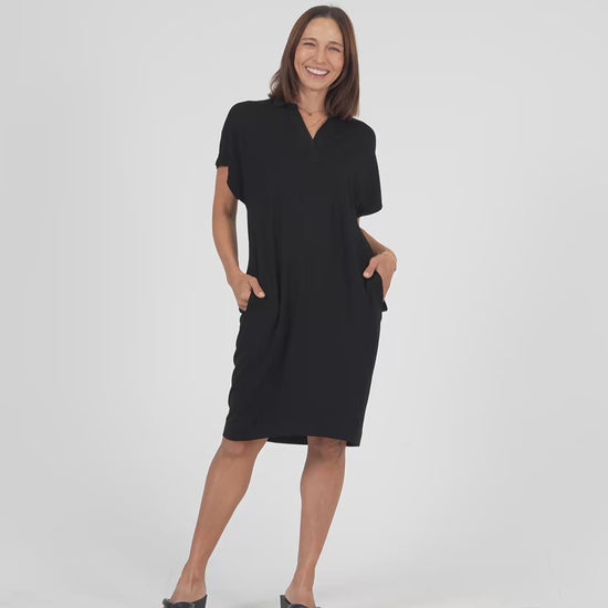 Lou Lou Australia Bamboo Black Collared Knee Length T-Shirt Dress