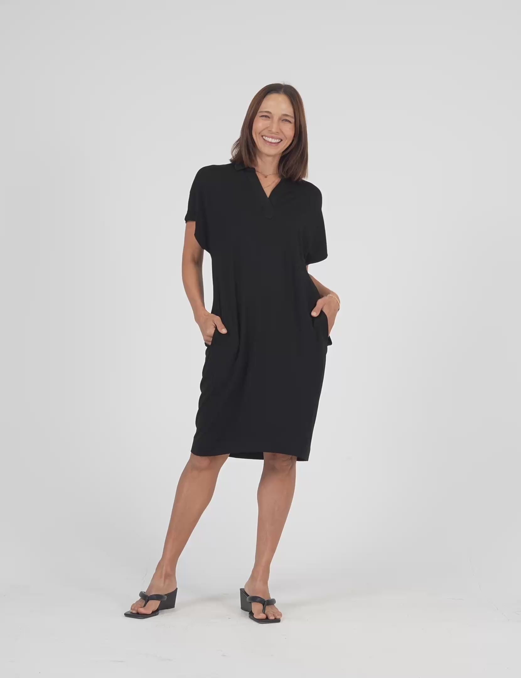 Lou Lou Australia Bamboo Black Collared Knee Length T-Shirt Dress