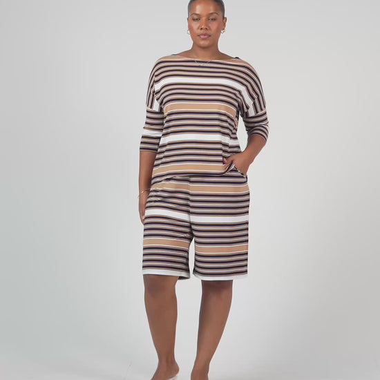 Lou Lou Australia Bamboo Tan Stripe Top and wide leg knee length shorts