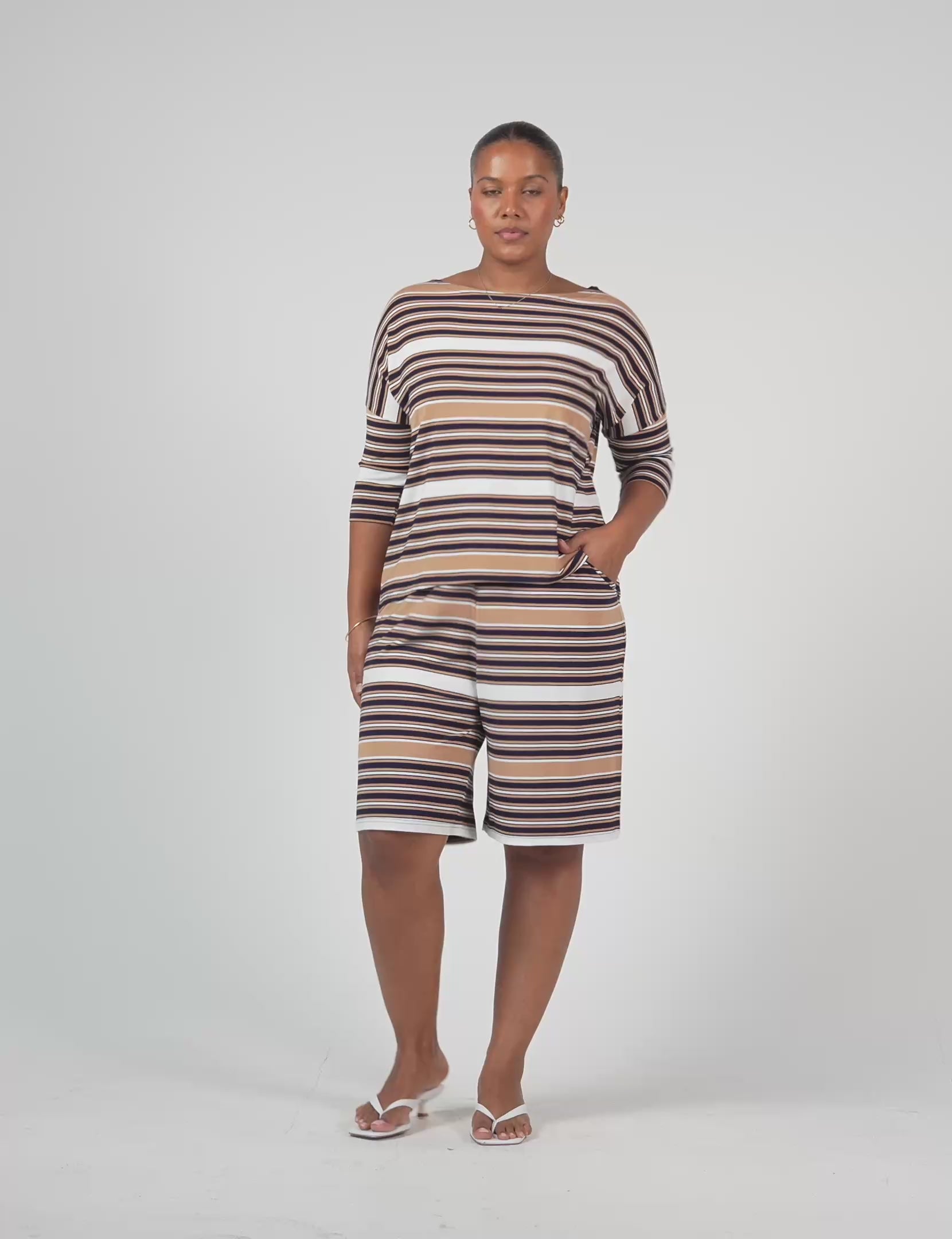 Lou Lou Australia Bamboo Tan Stripe Top and wide leg knee length shorts